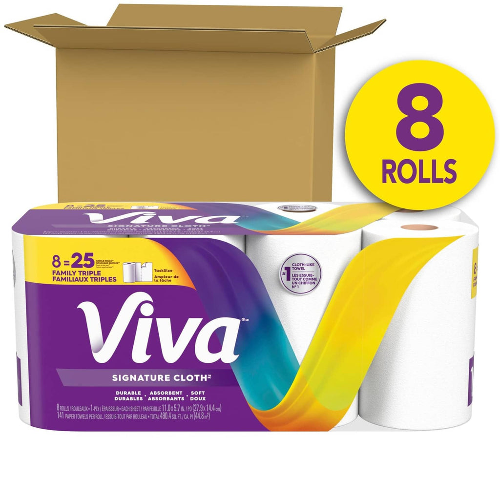 Paper towel multi-pack with 8 white rolls and open cardboard box