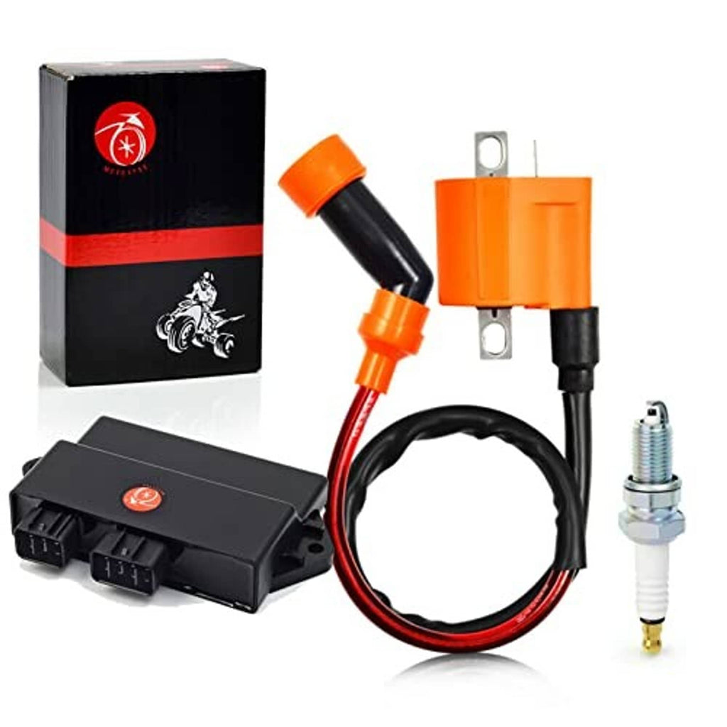 Ignition coil and CDI box kit with orange connector, black/red wires, and spark plug