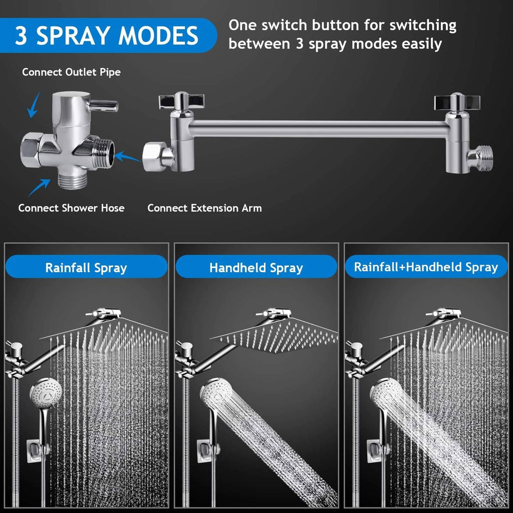 Chrome shower head combo with 3 spray mode selector for rain and handheld