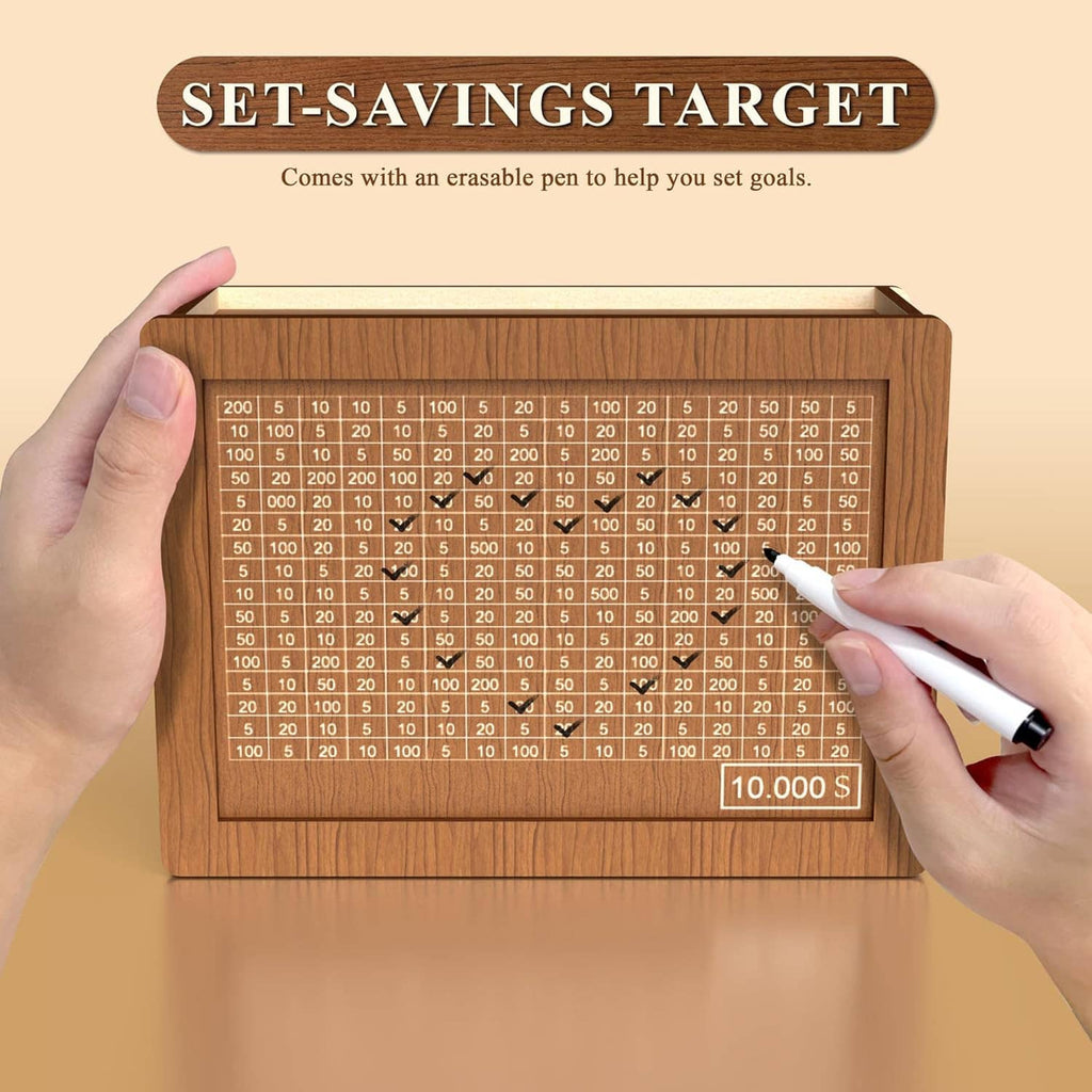 Wooden 10,000 savings box with eraseable money-grid card behind front window