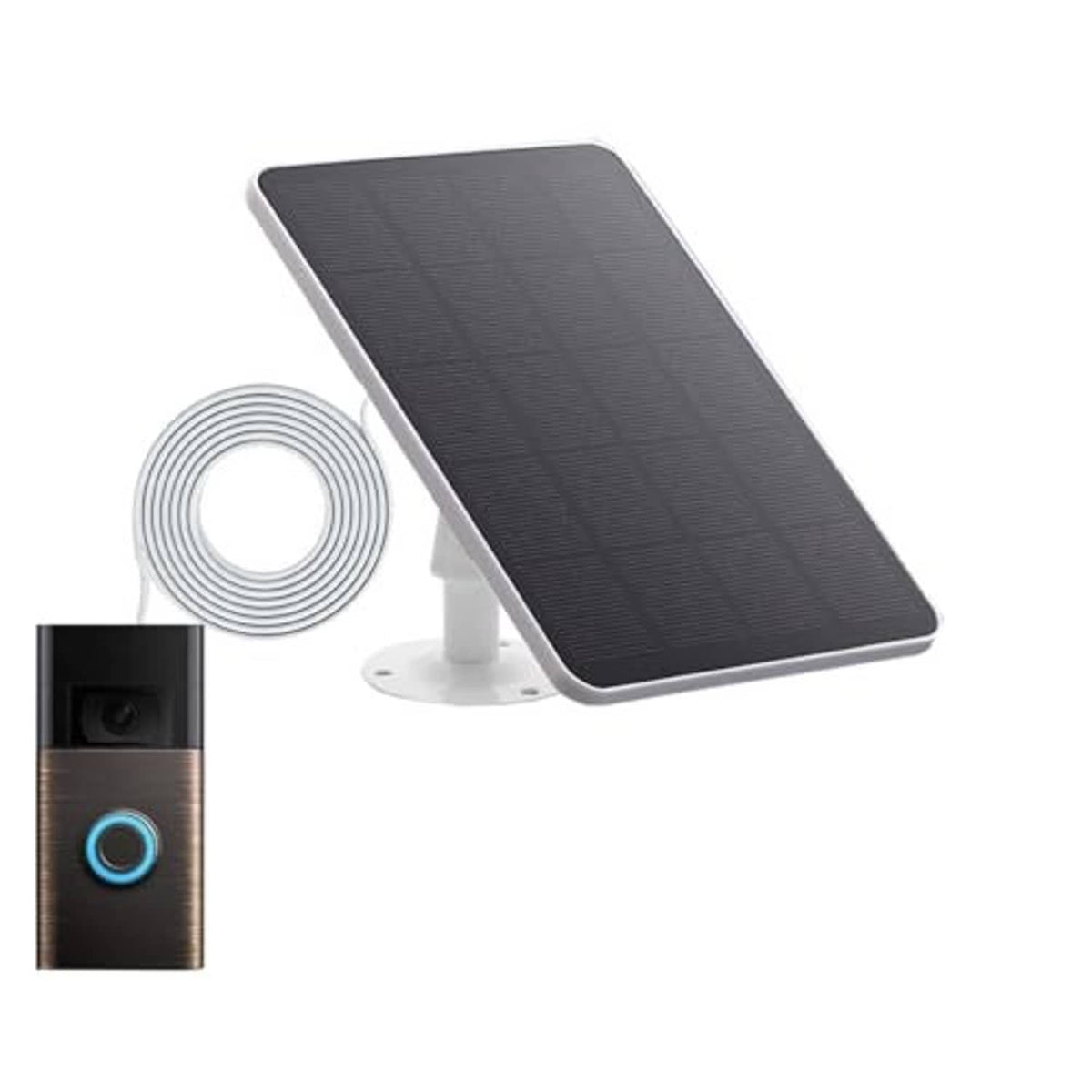 Solar charging kit with dark solar panel, coiled cable, and pedestal base