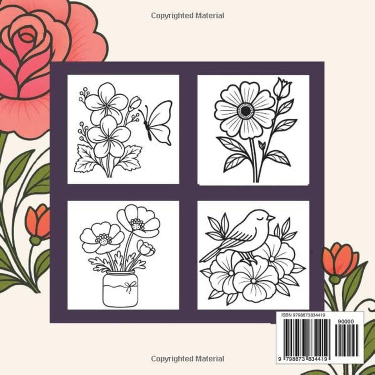 Adult coloring book back cover with four flower sketch panels and a barcode