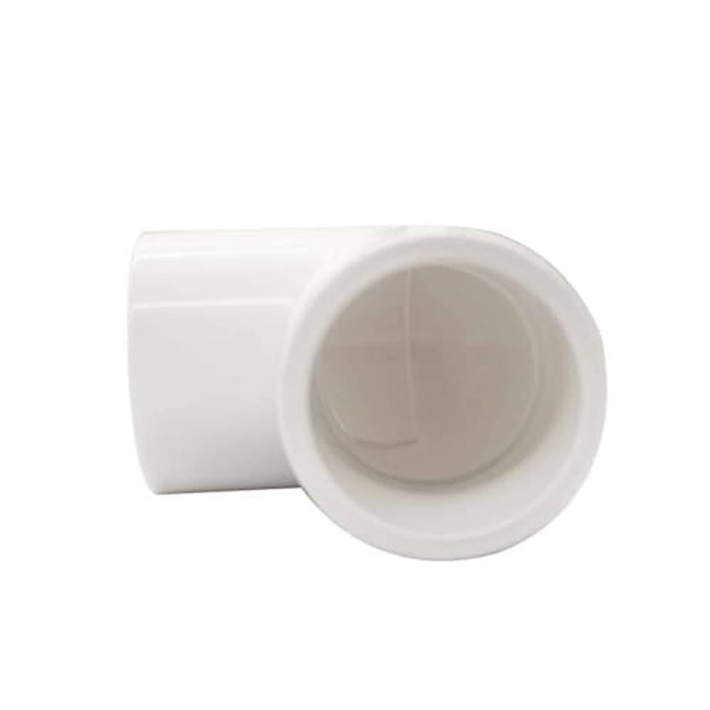 Close-up of white PVC 90° elbow slip socket with female-threaded opening