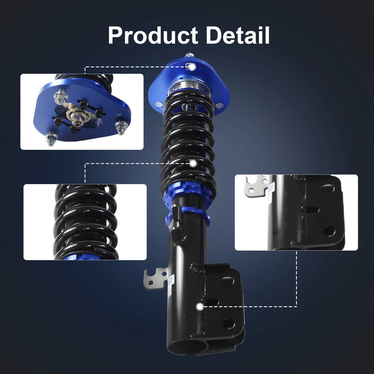 Coilover strut with blue top mount and black spring, side and bracket detail view