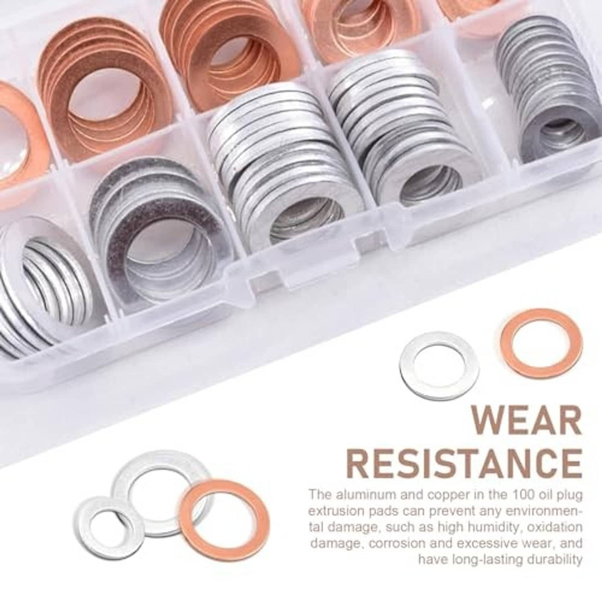 Oil drain plug crush washers close-up: silver and copper rings in clear tray