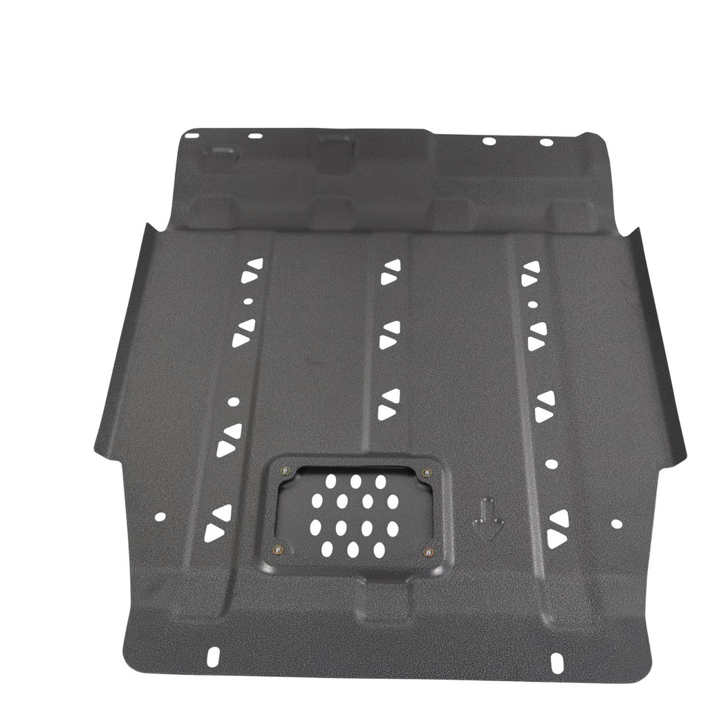 Black transmission skid plate with vent cutouts, mounting holes, gearbox splash shield guard