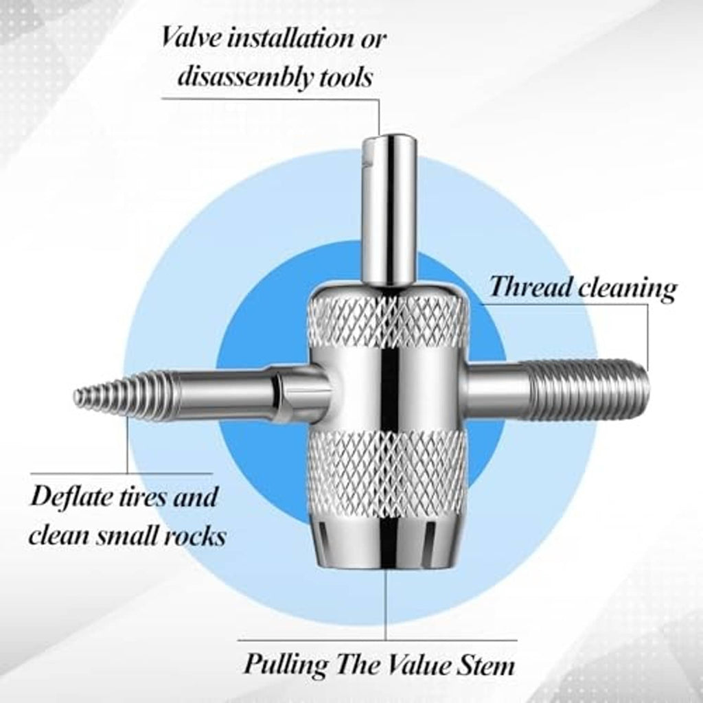4-way tire valve core tool diagram, chrome metal with knurled grip and threaded tools
