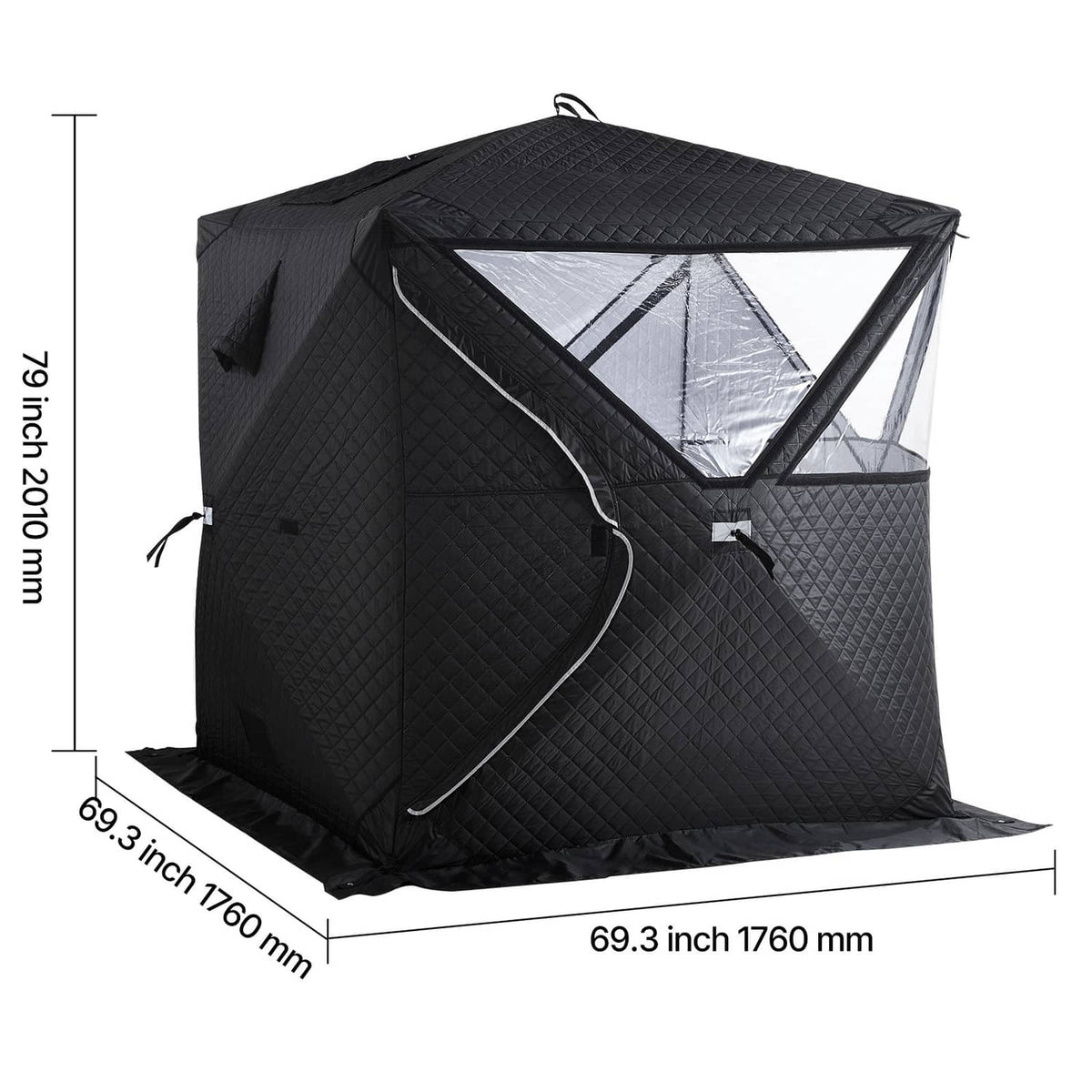 Black outdoor steam sauna tent with open front and silver interior panels, quilted walls