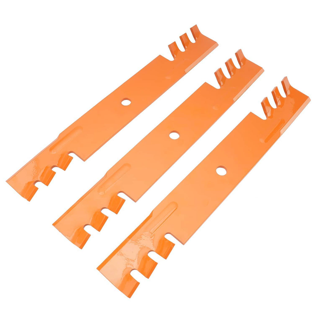 3-pack orange mower deck mulch blades with staggered notches and holes