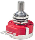 Red split-shaft potentiometer with metal shaft and three solder lug terminals