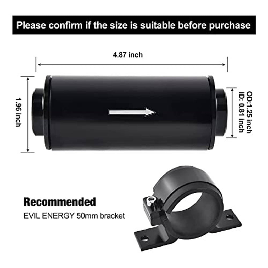 Black inline fuel filter cylinder with mounting bracket and overall size dimensions