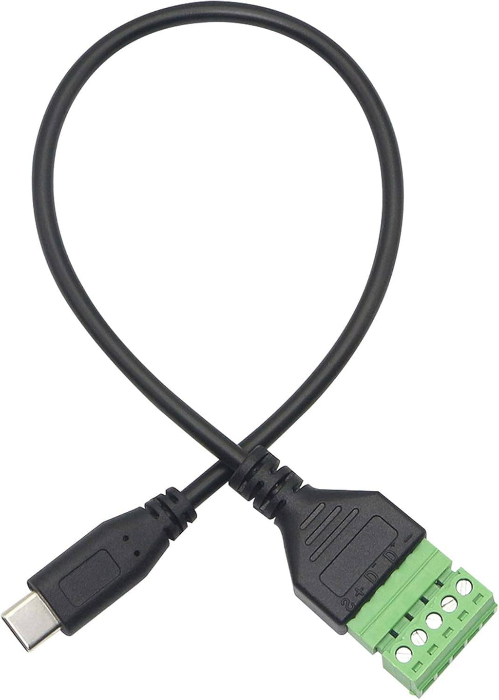 USB-C male connector with green screw terminal block and black cable