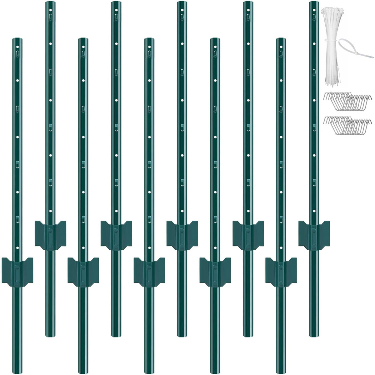 Green metal fence posts, 10-pack, with fixed anchors and mounting holes