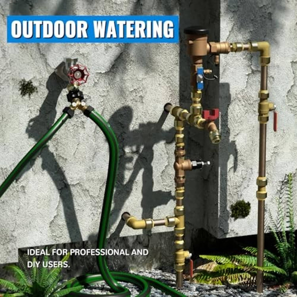 Brass PEX 90-degree elbows on outdoor watering plumbing system