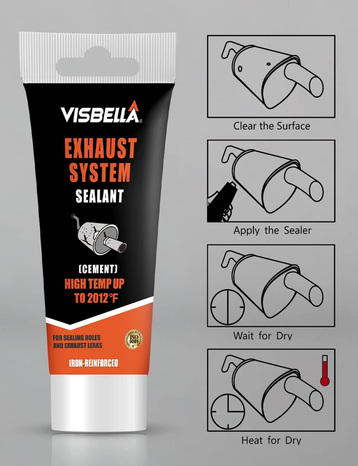 Exhaust system sealant tube with application step icons and high-temperature rating