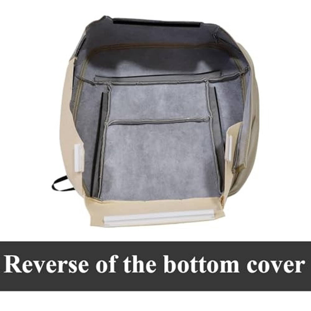 Beige seat cover underside with gray lining and attachment straps