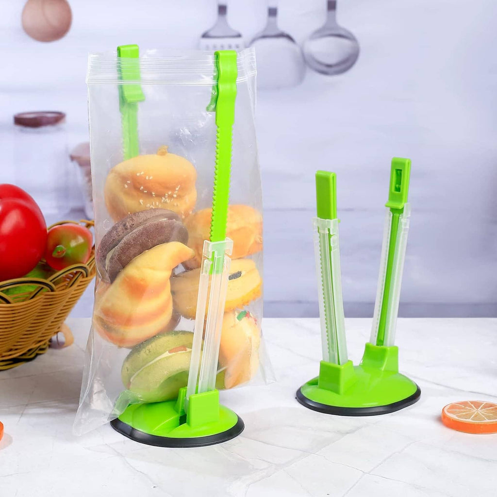 Set of two adjustable freezer bag holder racks with green bases and clear arms