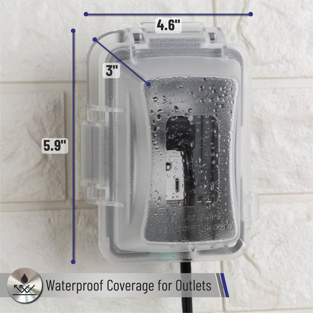 Clear rainproof 1-gang outlet cover with labeled size dimensions, 4.6 in and 5.9 in