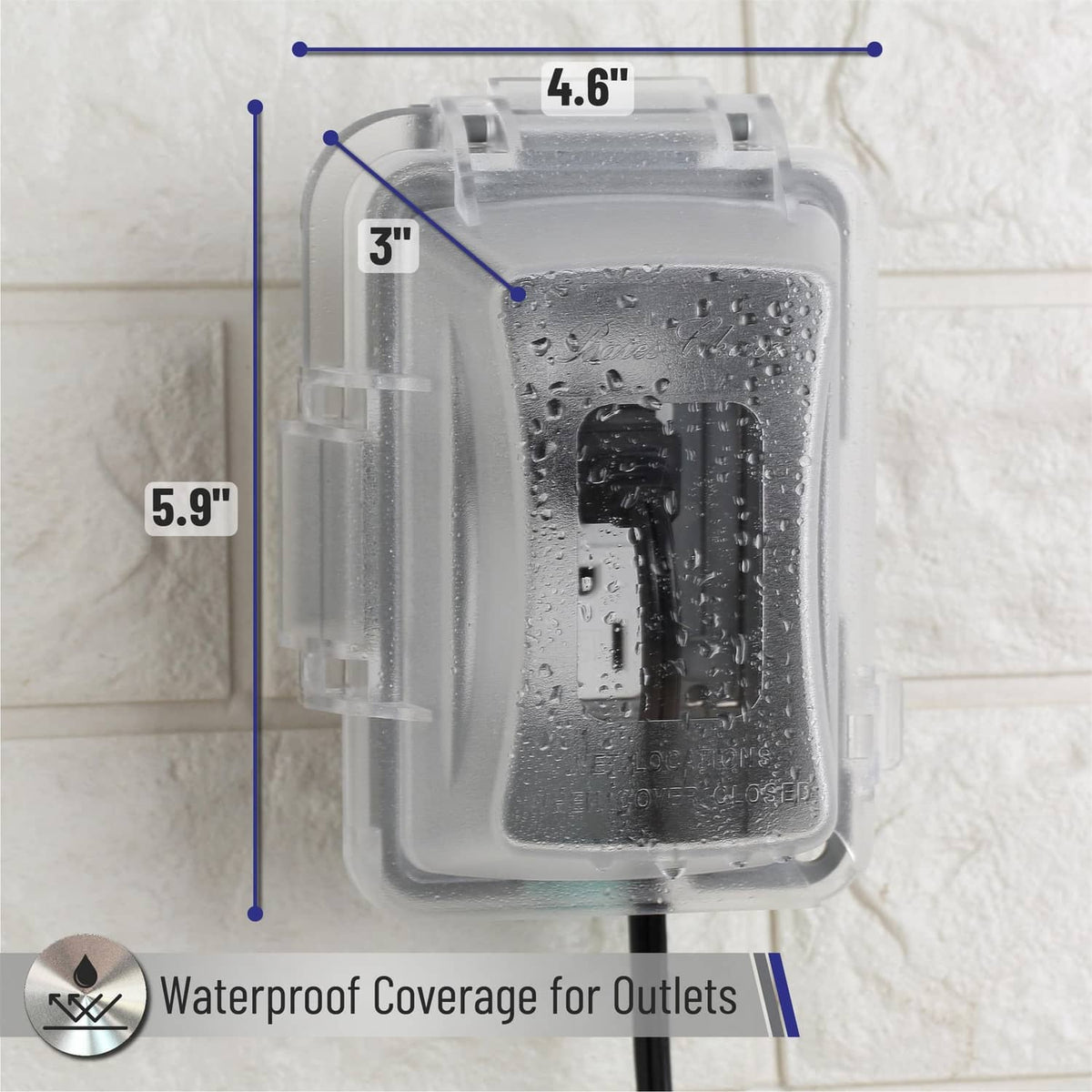 Clear rainproof 1-gang outlet cover with labeled size dimensions, 4.6 in and 5.9 in