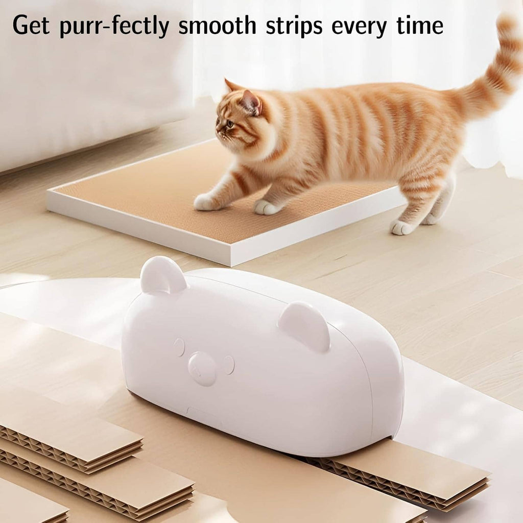 Kitten-shaped cardboard cutter producing smooth strips, pink cutter with enclosed blade