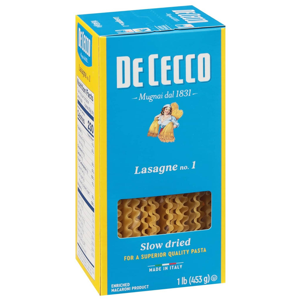 De Cecco Lasagne no. 1 dried lasagna noodles, blue carton with window, 1 lb