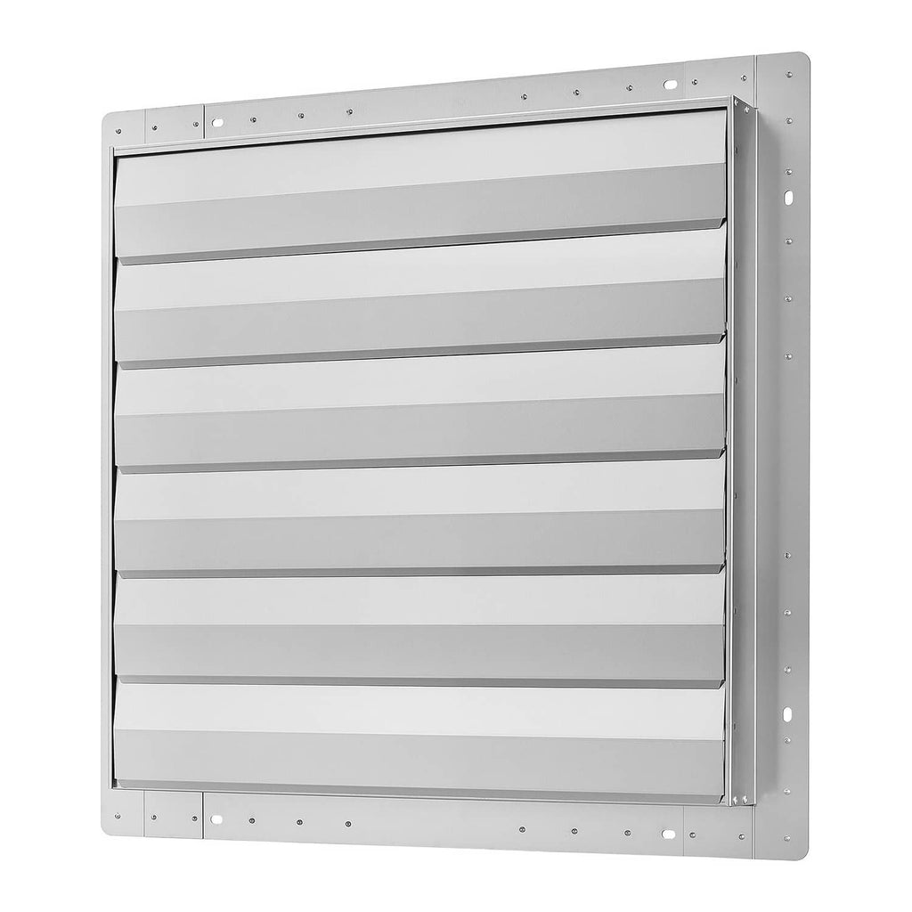 Wall-mounted shutter exhaust fan with silver louver panels, closed