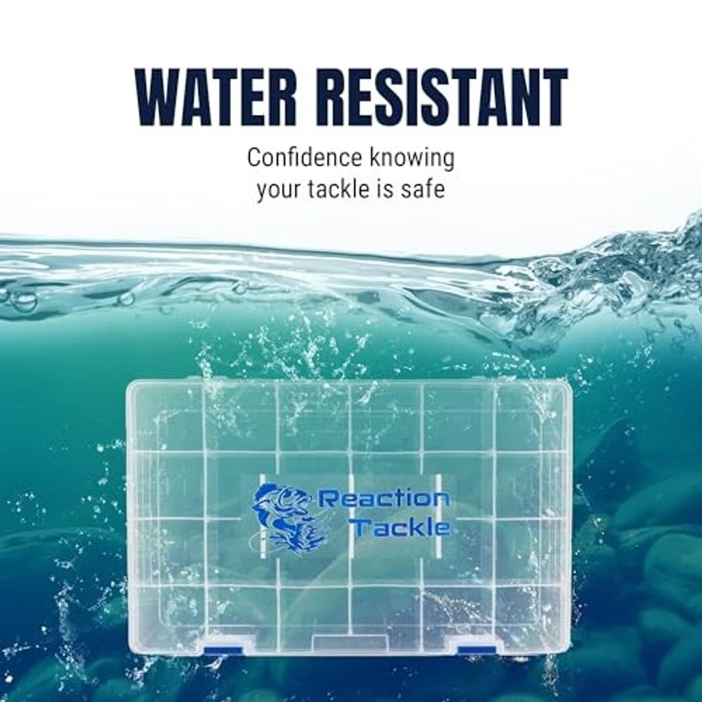 Clear fishing tackle tray with grid compartments, shown floating in water for water resistance