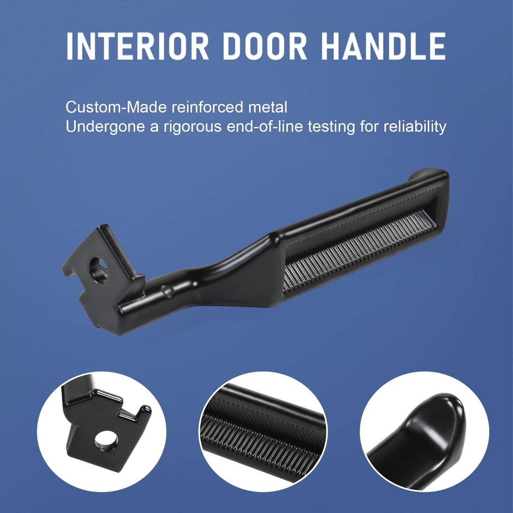 Black interior door handle with metal mounting clip and textured grip surface
