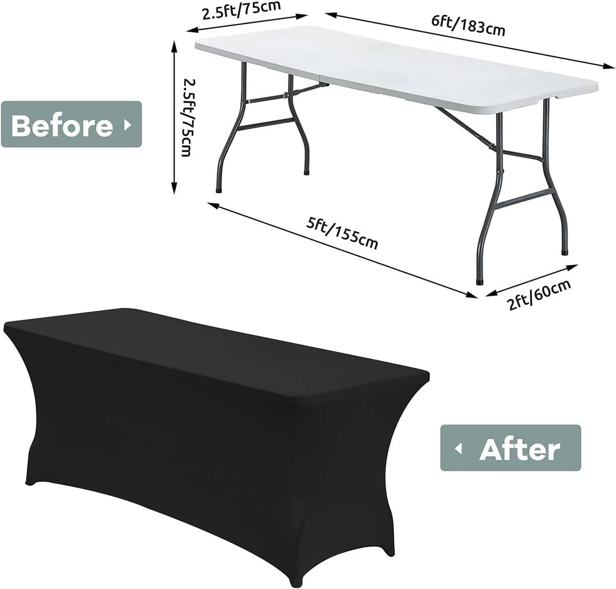 Black spandex table cover with fitted elastic skirt, shown with size diagram