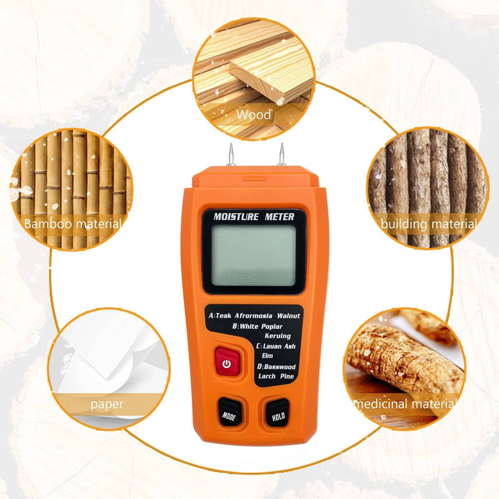 Orange digital moisture meter with LCD screen and dual probe pins