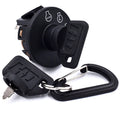 Starter ignition switch with two black keys and keyring, featuring STOP and start icons