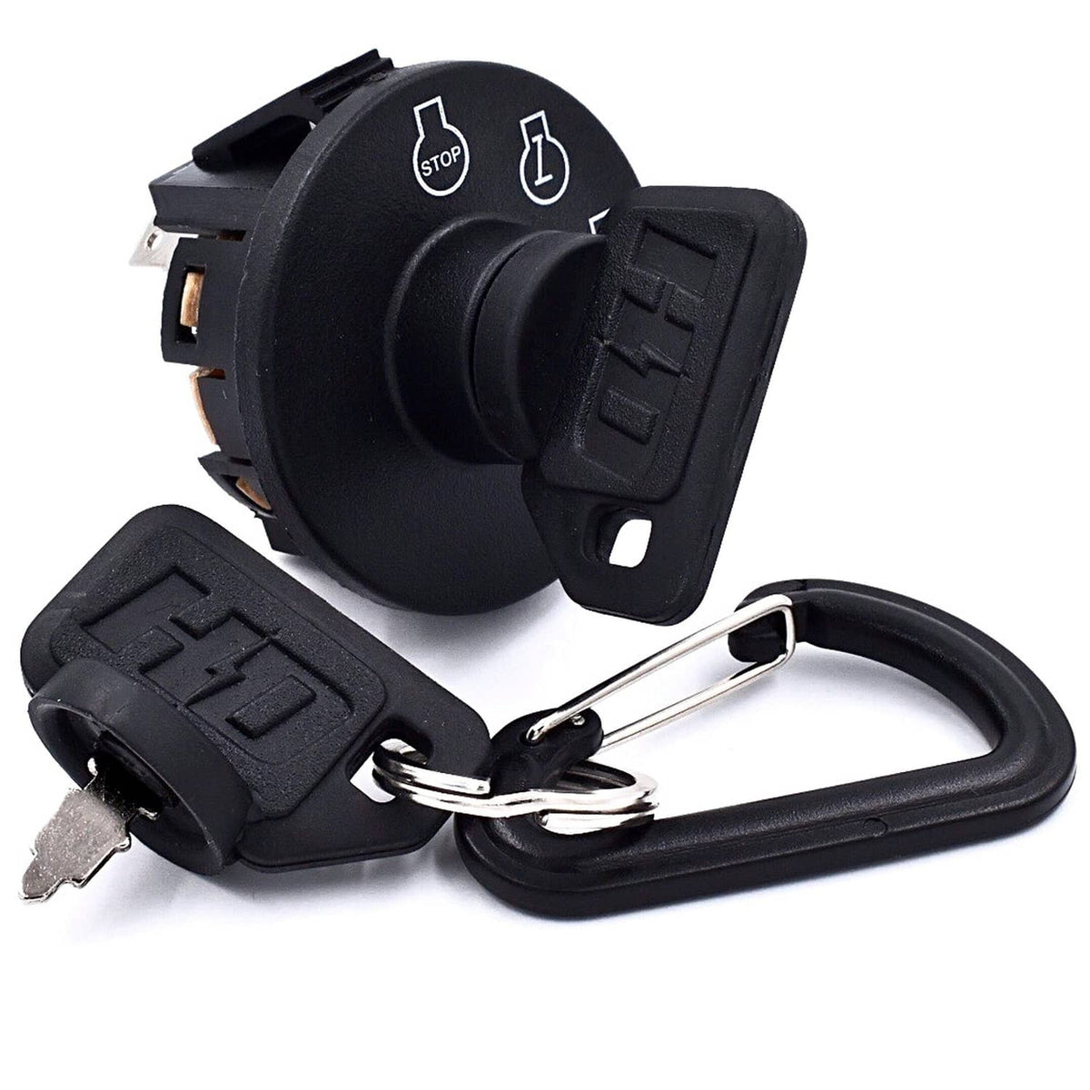 Starter ignition switch with two black keys and keyring, featuring STOP and start icons