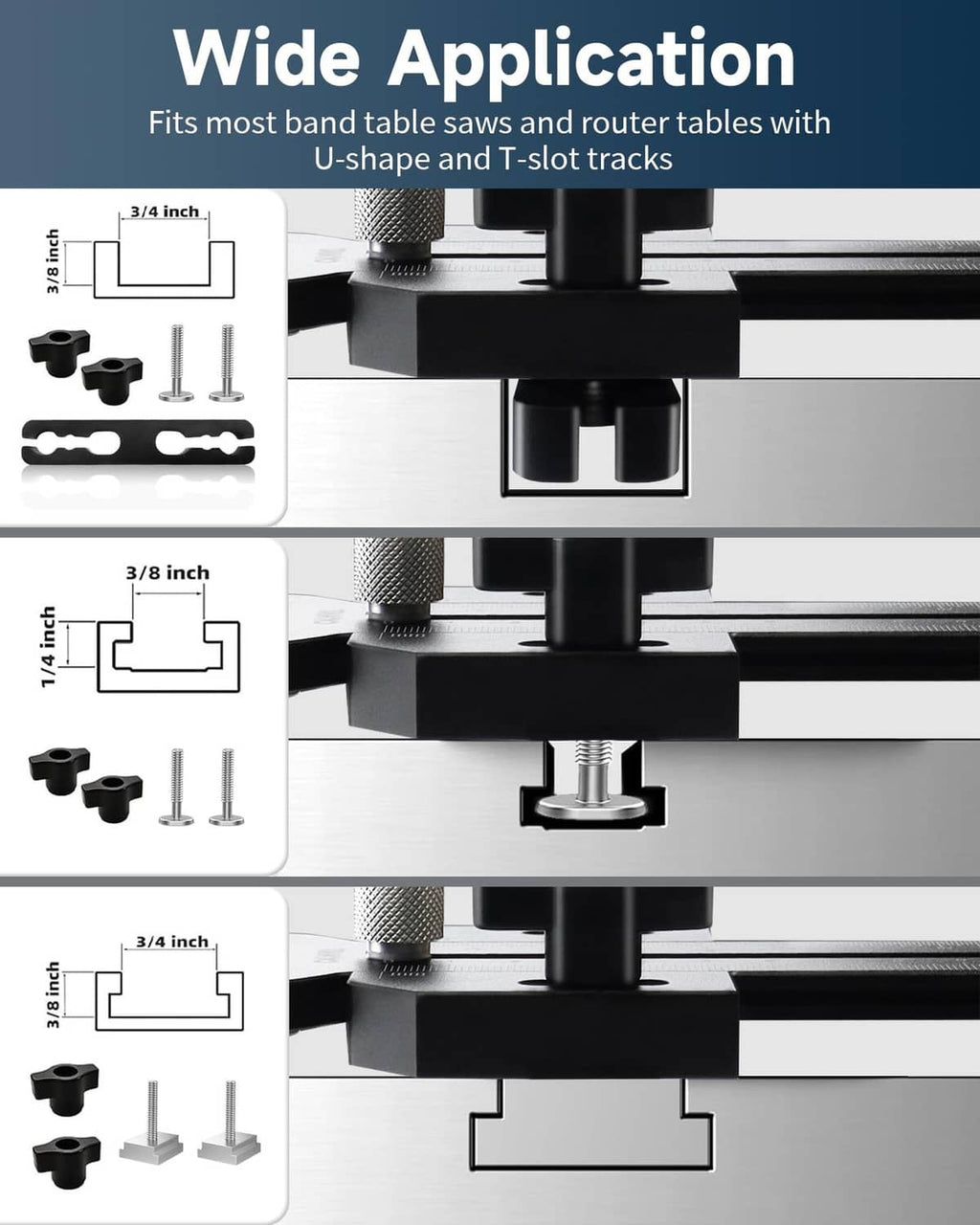 Black table saw jig guide with clamp posts and guide fence for tracks