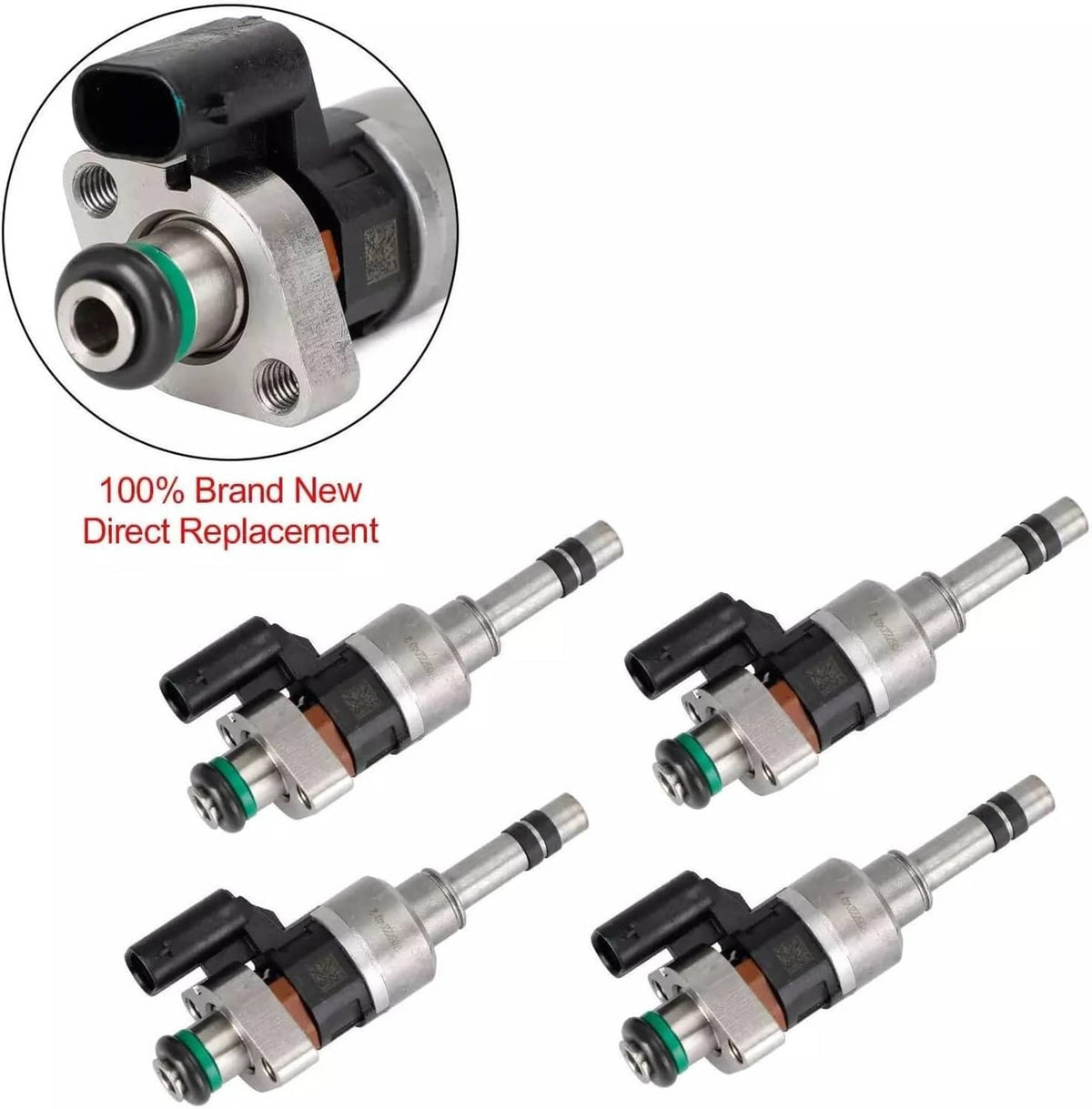Fuel injector replacement set showing four units with green O-rings and black connectors