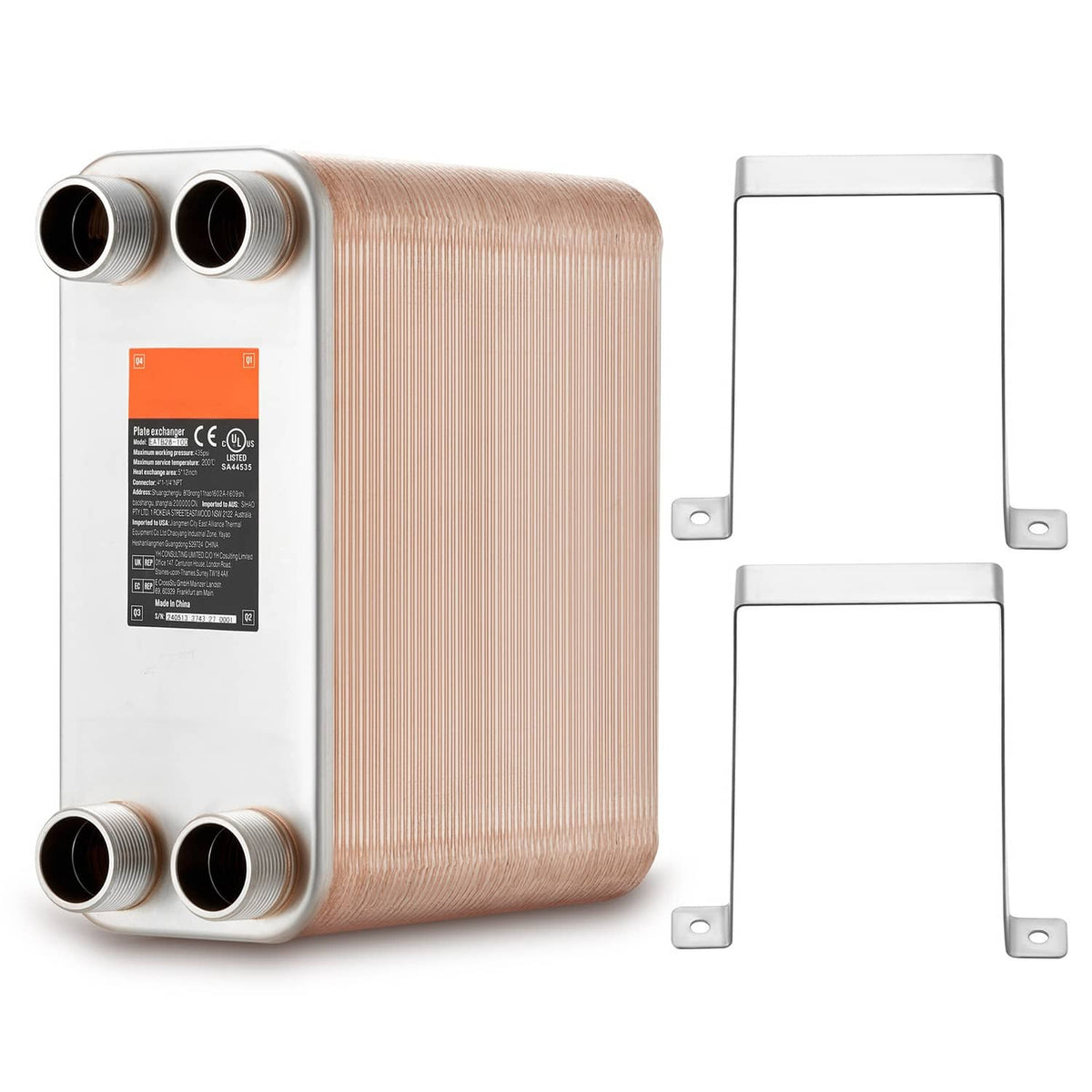 Brazed plate heat exchanger with copper core and 4 MNPT ports, stainless steel body