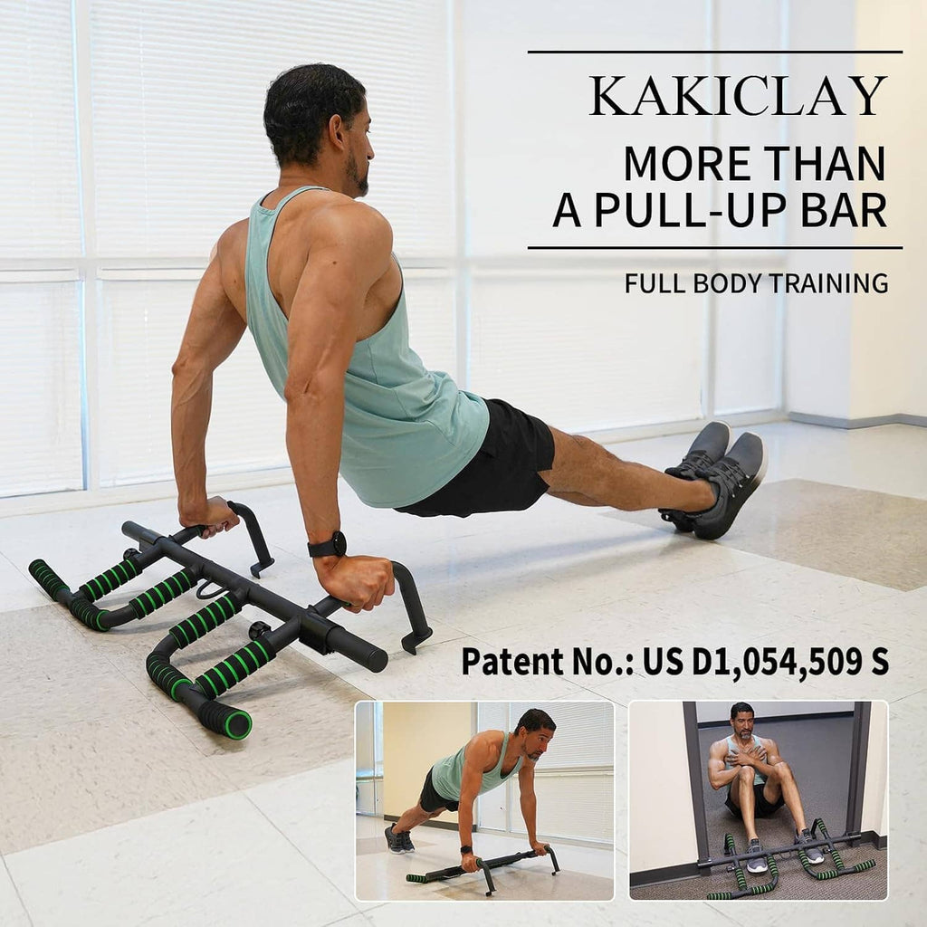 Doorway pull-up bar on doorframe for full-body exercise with foam grip handles