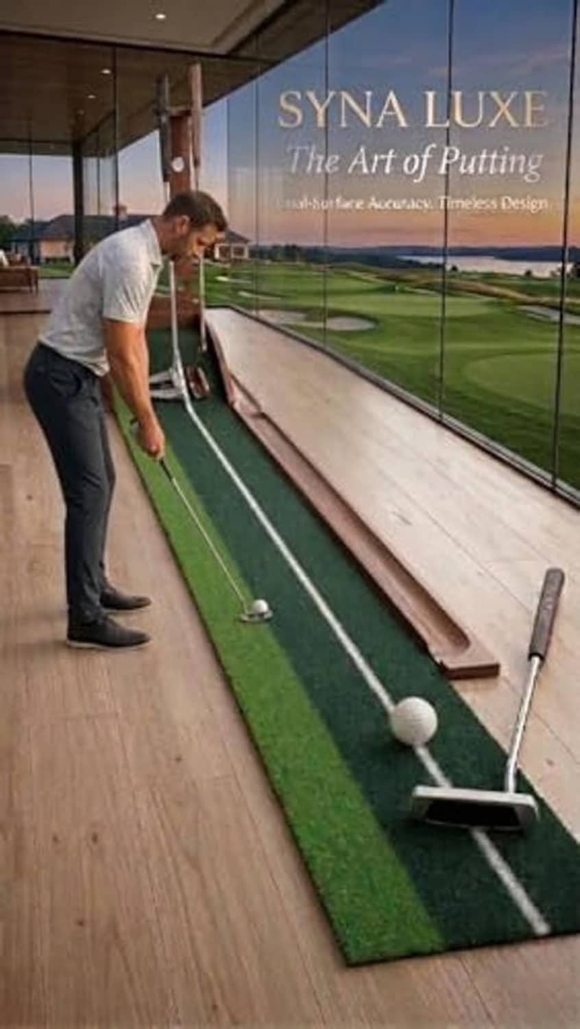 Indoor green putting mat with straight guide lines, practice ball, and putter