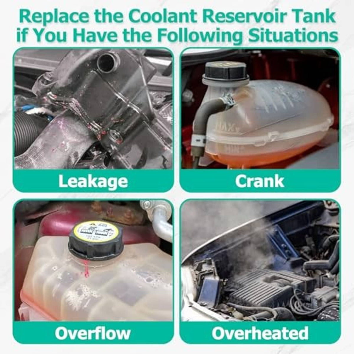 Coolant reservoir tank with black cap installed in an engine compartment