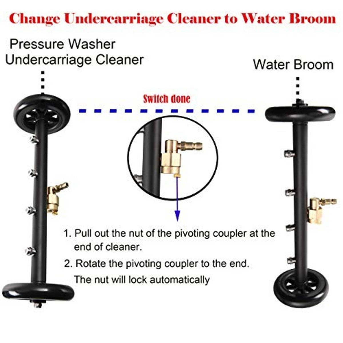 Pressure washer undercarriage cleaner that pivots to water broom configuration