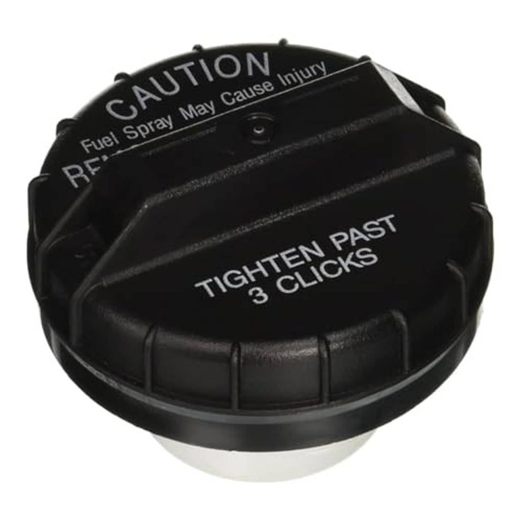 Black fuel tank gas cap with warning text and gray underside