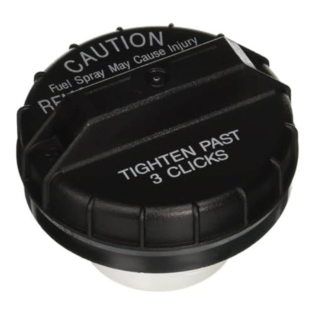 Black fuel tank gas cap with warning text and gray underside
