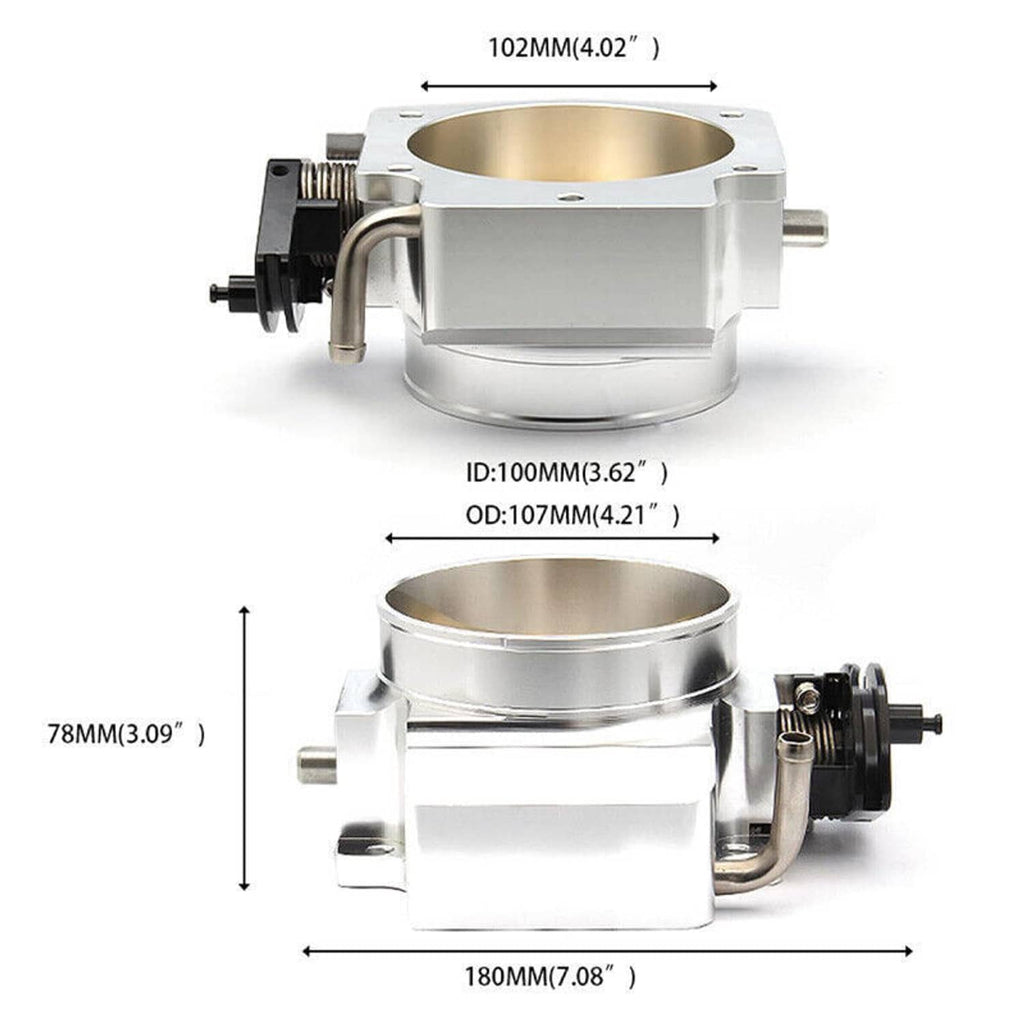 Throttle body dimensions diagram showing 102mm inlet size and 107mm outer diameter
