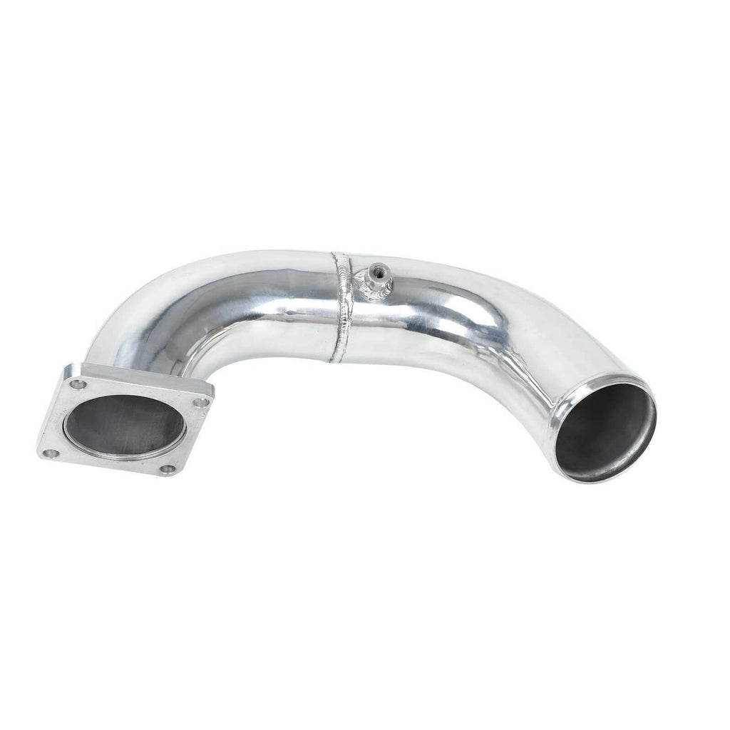 Shiny 3-inch air intake elbow charge pipe with two mounting flanges and black inlet openings