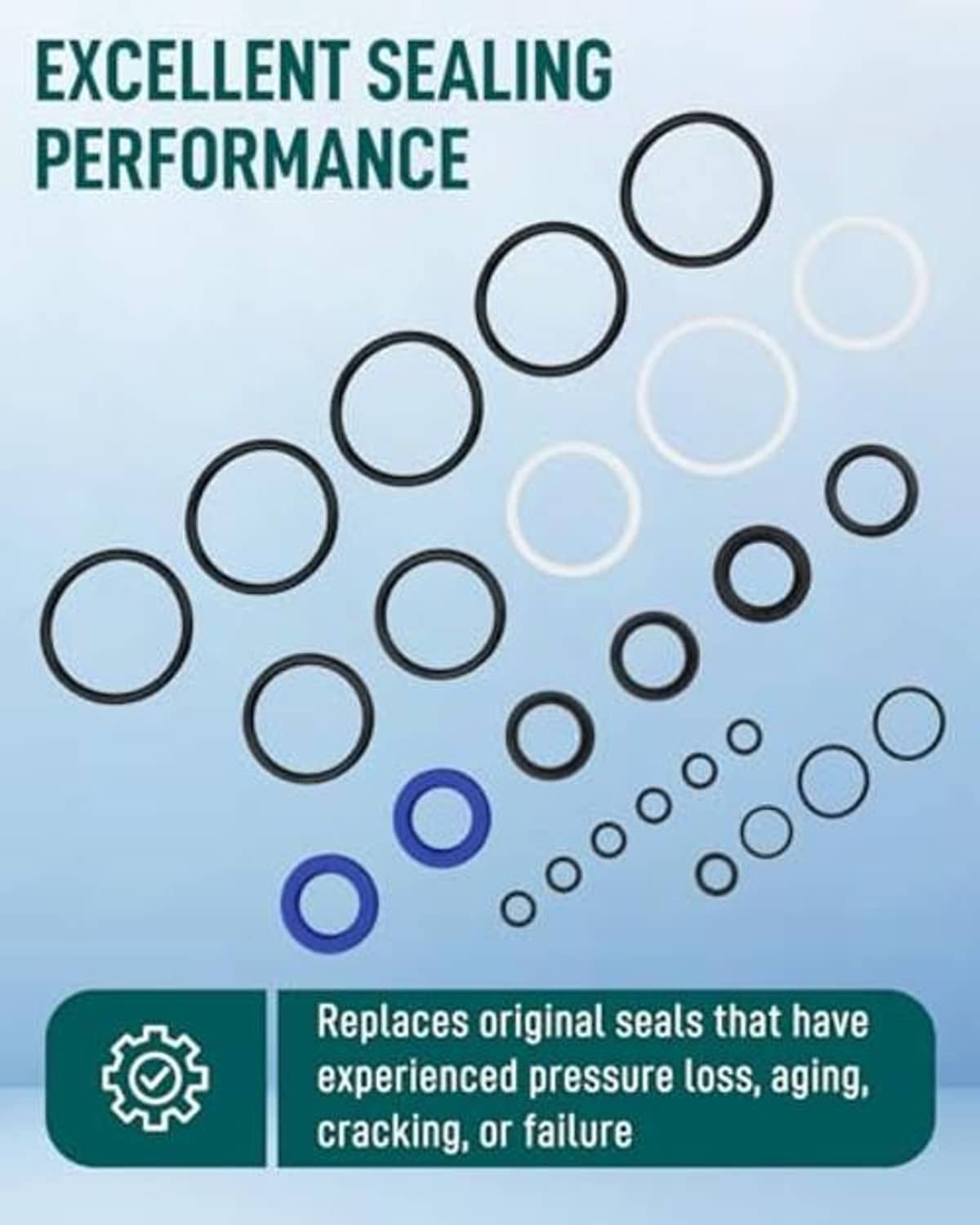 Tilt trim seal kit display with multiple black and blue O-rings of various sizes