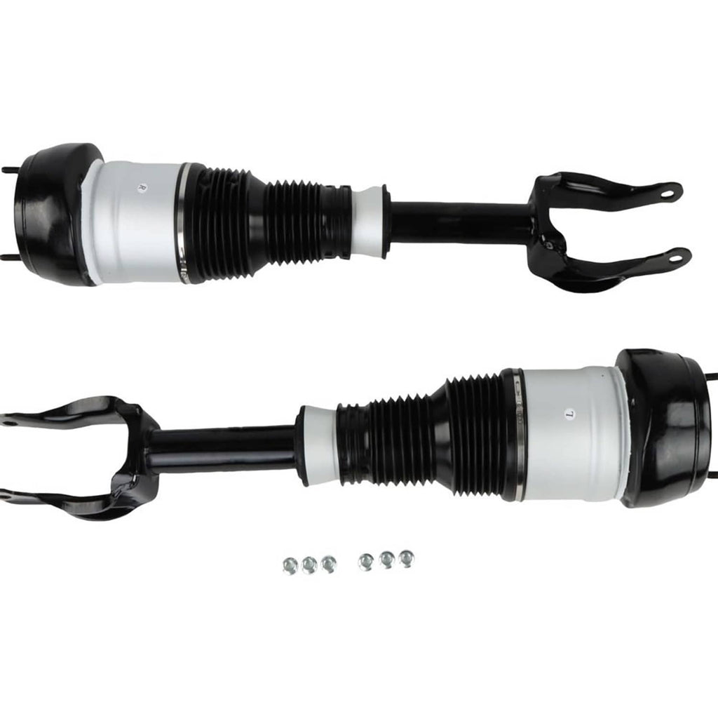 Front air suspension shock struts with silver cylinders, black forks, and included hardware