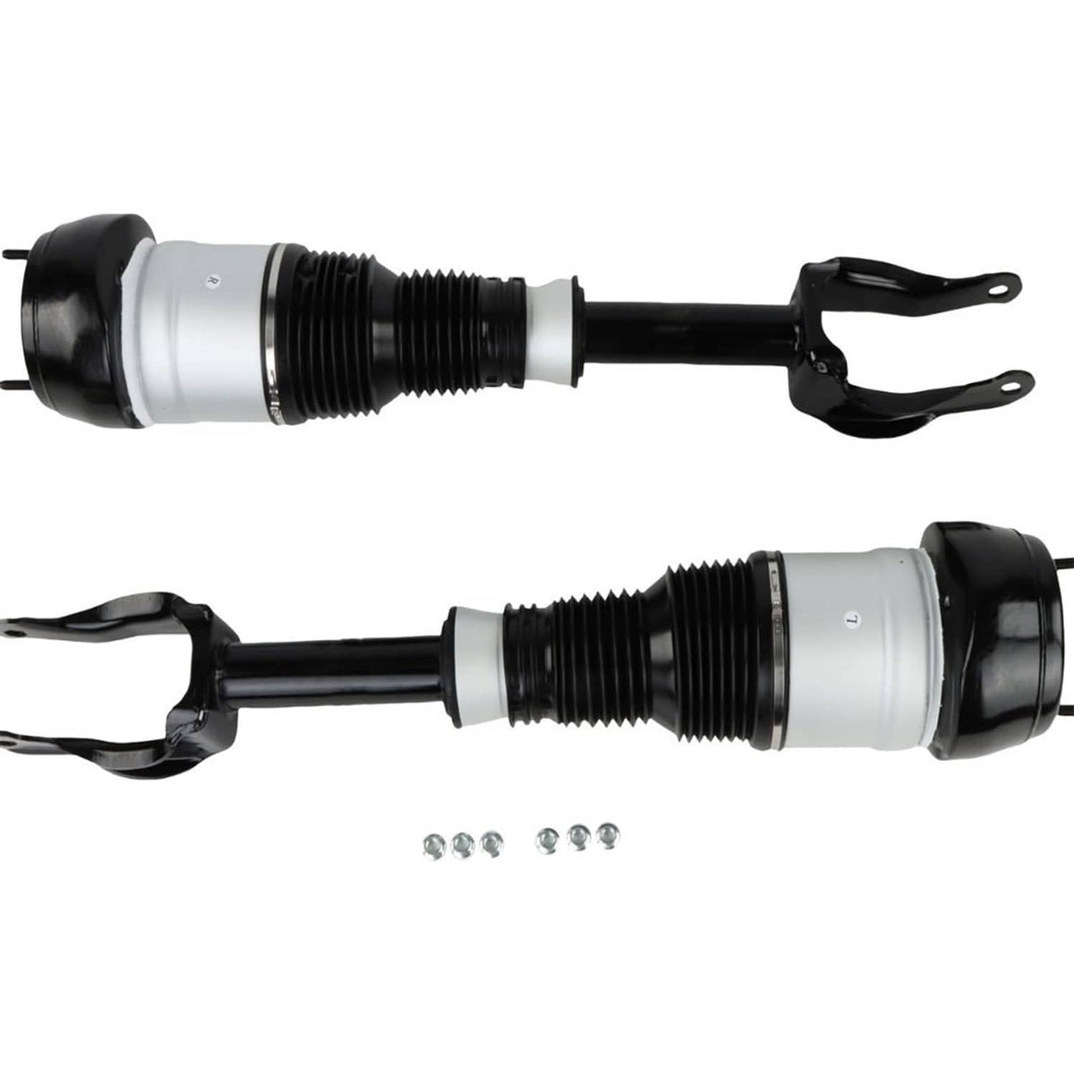 Front air suspension shock struts with silver cylinders, black forks, and included hardware