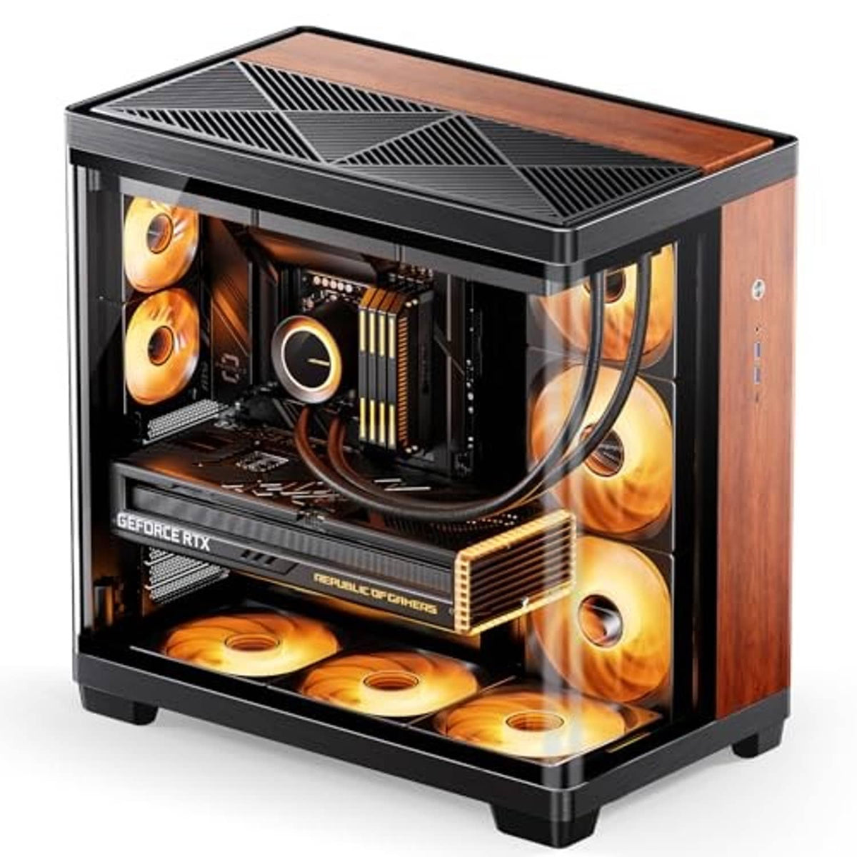 Mid-tower PC case with black-and-wood exterior, tempered glass front with installed components