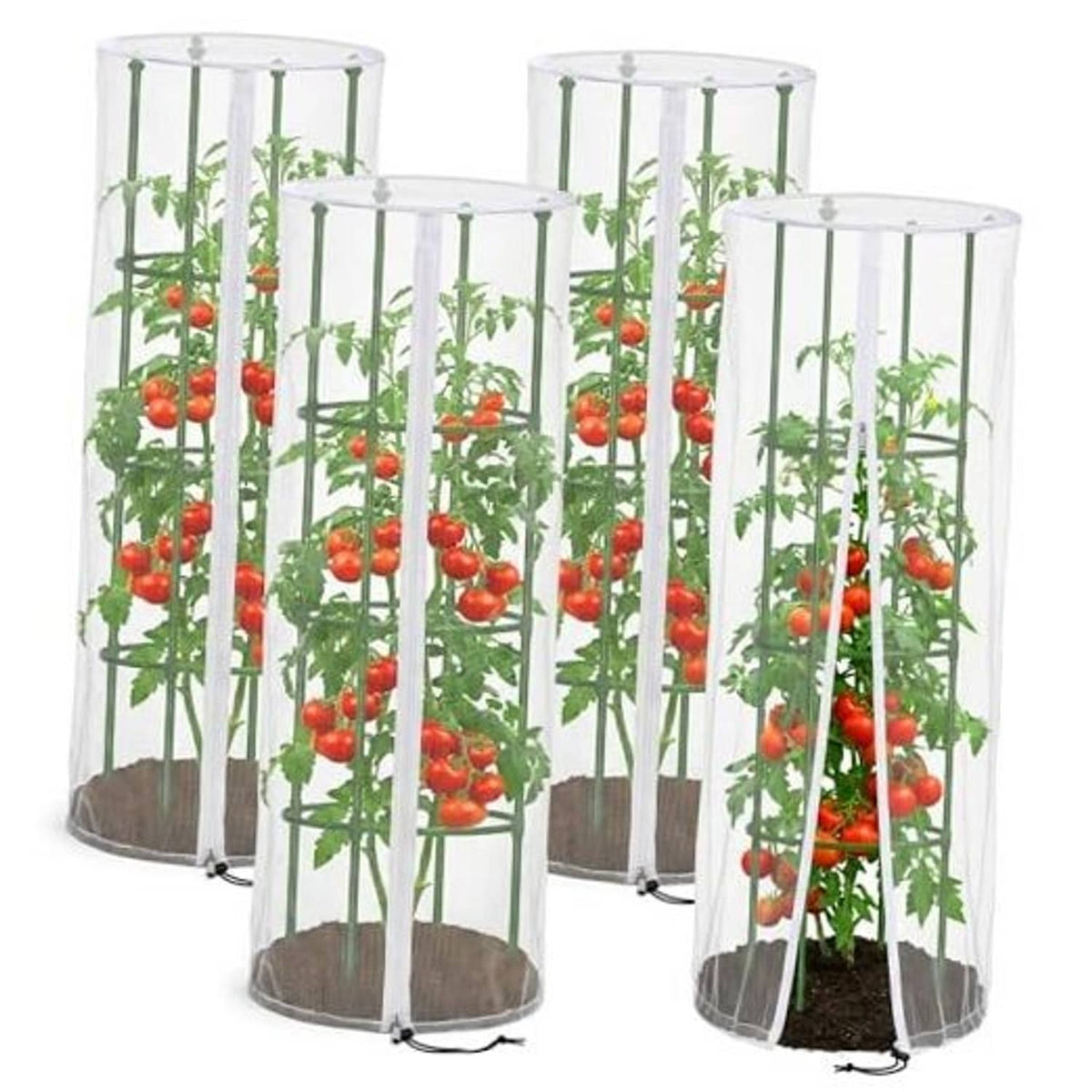 Set of white mesh bird netting covers for tomato cages with green support poles