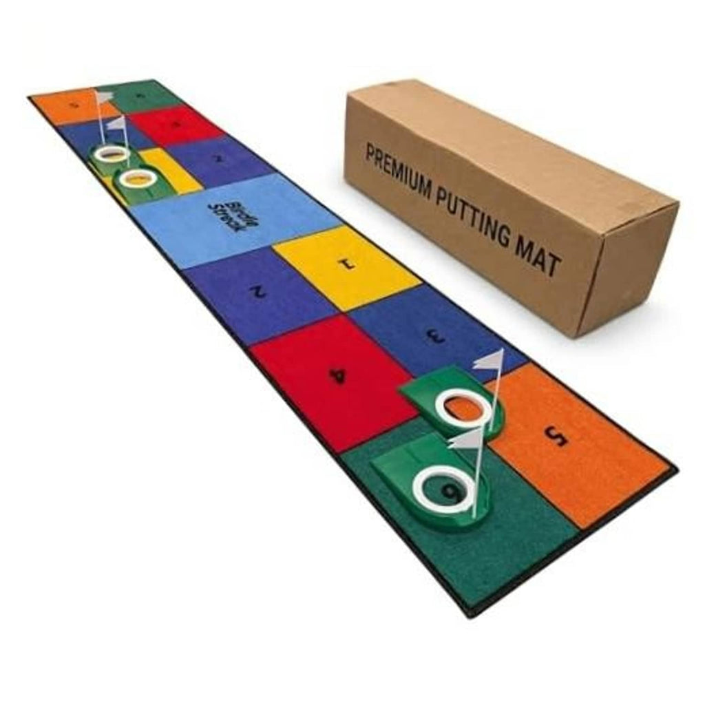 MultiColor indoor golf putting mat with 4 cup targets and numbered zones, with box