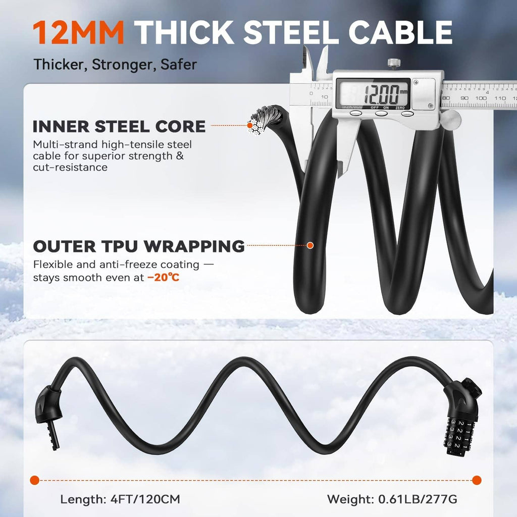 Black 12mm thick steel cable lock with 4-digit combination and length 4ft